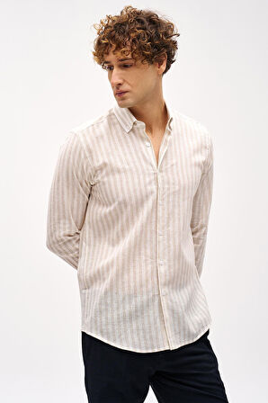 Bej Dynamic Fit  Düğmeli Yaka Çizgili Uzun Kollu Cepsiz Pamuklu Gömlek