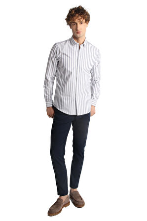 Lacivert Dynamic Fit  Düğmeli Yaka Çizgili Uzun Kollu Cepsiz %100 Pamuk Gömlek