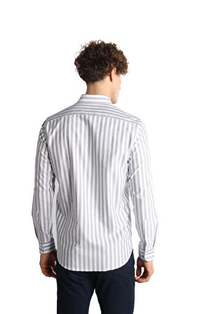 Lacivert Dynamic Fit  Düğmeli Yaka Çizgili Uzun Kollu Cepsiz %100 Pamuk Gömlek