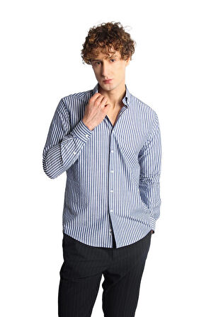 Lacivert Dynamic Fit  Düğmeli Yaka Çizgili Uzun Kollu Cepsiz %100 Pamuk Gömlek