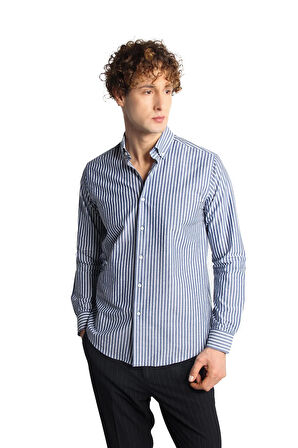 Lacivert Dynamic Fit  Düğmeli Yaka Çizgili Uzun Kollu Cepsiz %100 Pamuk Gömlek