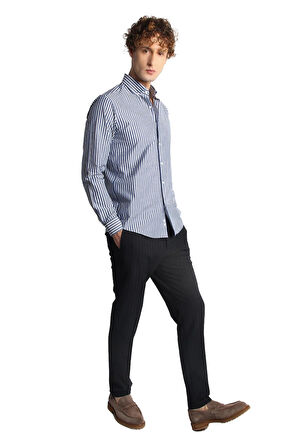 Lacivert Dynamic Fit  Düğmeli Yaka Çizgili Uzun Kollu Cepsiz %100 Pamuk Gömlek