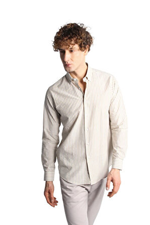 Bej Dynamic Fit  Düğmeli Yaka Çizgili Uzun Kollu Cepsiz %100 Pamuk Gömlek