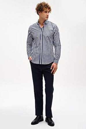 Lacivert Dynamic Fit  Düğmeli Yaka Çizgili Uzun Kollu Cepsiz %100 Pamuk Gömlek