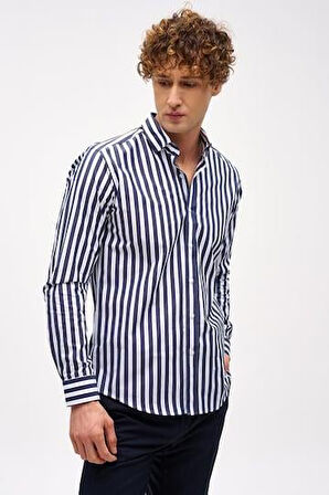 Lacivert Dynamic Fit  Düğmeli Yaka Çizgili Uzun Kollu Cepsiz %100 Pamuk Gömlek