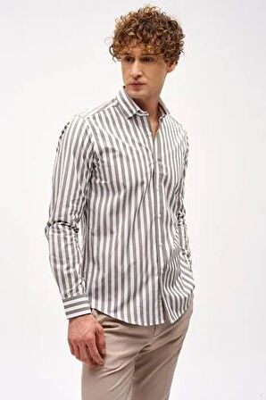 Haki Dynamic Fit  Düğmeli Yaka Çizgili Uzun Kollu Cepsiz %100 Pamuk Gömlek