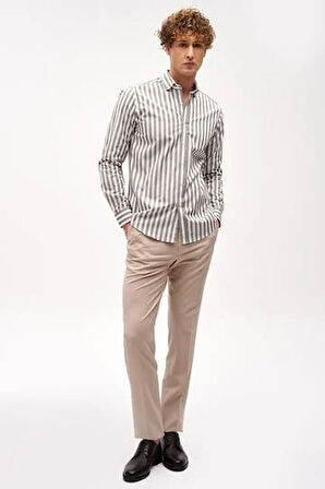 Haki Dynamic Fit  Düğmeli Yaka Çizgili Uzun Kollu Cepsiz %100 Pamuk Gömlek