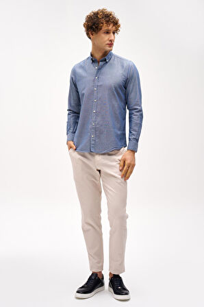 Lacivert Dynamic Fit  Düğmeli Yaka Düz Uzun Kollu Cepsiz Pamuklu Gömlek