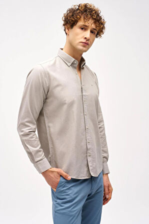 Bej Dynamic Fit  Düğmeli Yaka Düz Uzun Kollu Cepsiz Pamuklu Gömlek