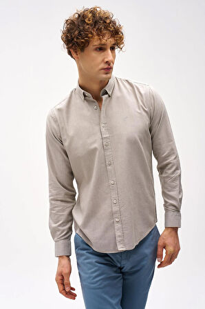 Bej Dynamic Fit  Düğmeli Yaka Düz Uzun Kollu Cepsiz Pamuklu Gömlek