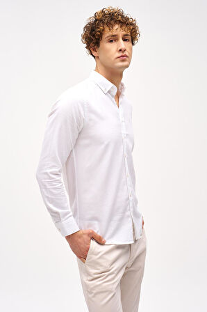 Beyaz Dynamic Fit  Düğmeli Yaka Düz Uzun Kollu Cepsiz Pamuklu Gömlek