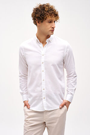 Beyaz Dynamic Fit  Düğmeli Yaka Düz Uzun Kollu Cepsiz Pamuklu Gömlek