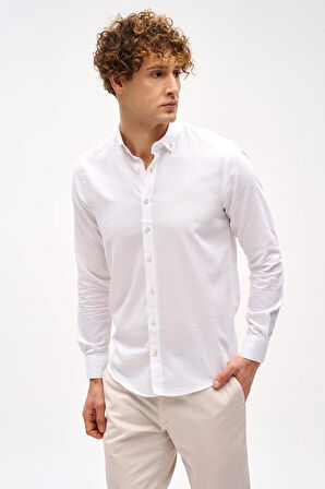 Beyaz Dynamic Fit  Düğmeli Yaka Düz Uzun Kollu Cepsiz Pamuklu Gömlek