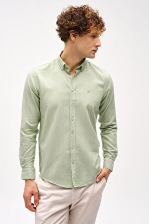 Yeşil Dynamic Fit  Düğmeli Yaka Düz Uzun Kollu Cepsiz Pamuklu Gömlek