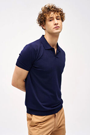 Lacivert Slim Fit Dar Kalıp Polo Yaka Düz Kısa Kollu Triko Tişört
