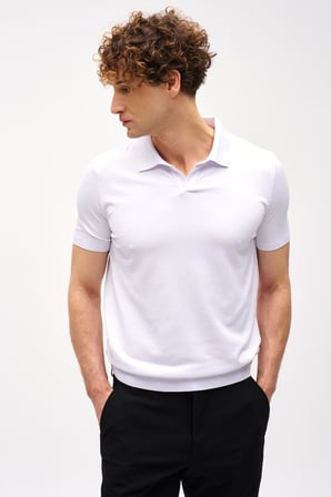 Erkek Beyaz Slim Fit Dar Kalıp Polo Yaka Düz Kısa Kollu Triko Tişört