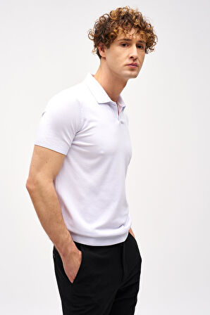 Beyaz Slim Fit Dar Kalıp Polo Yaka Düz Kısa Kollu Triko Tişört