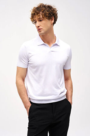Beyaz Slim Fit Dar Kalıp Polo Yaka Düz Kısa Kollu Triko Tişört