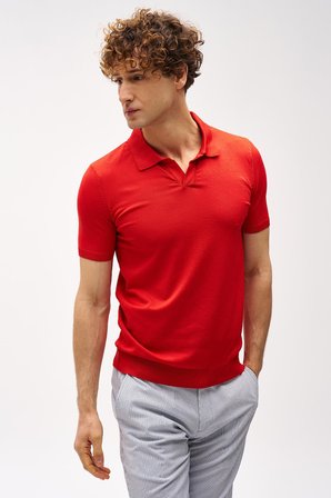 Kırmızı Slim Fit Dar Kalıp Polo Yaka Düz Kısa Kollu Triko Tişört