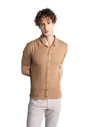 Vizon Slim Fit Dar Kalıp Düğmeli Polo Yaka Desenli Kısa Kollu Triko Tişört