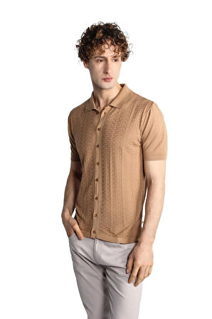 Vizon Slim Fit Dar Kalıp Düğmeli Polo Yaka Desenli Kısa Kollu Triko Tişört