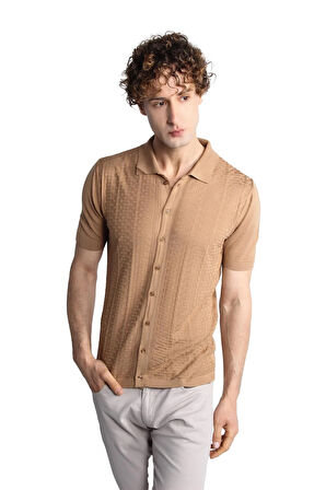 Vizon Slim Fit Dar Kalıp Düğmeli Polo Yaka Desenli Kısa Kollu Triko Tişört