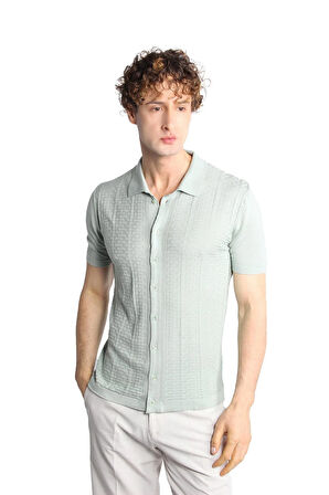 Açık Yeşil Slim Fit Dar Kalıp Düğmeli Polo Yaka Desenli Kısa Kollu Triko Tişört
