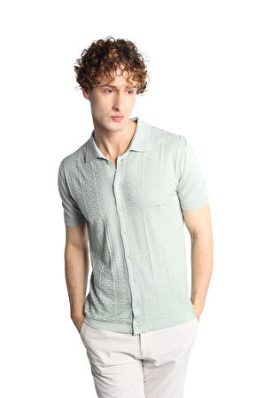 Açık Yeşil Slim Fit Dar Kalıp Düğmeli Polo Yaka Desenli Kısa Kollu Triko Tişört