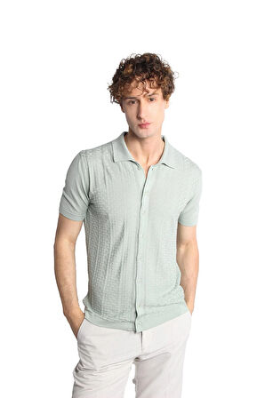 Açık Yeşil Slim Fit Dar Kalıp Düğmeli Polo Yaka Desenli Kısa Kollu Triko Tişört