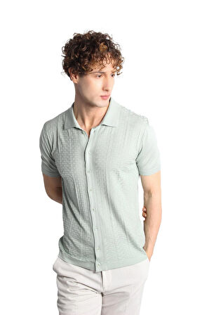 Açık Yeşil Slim Fit Dar Kalıp Düğmeli Polo Yaka Desenli Kısa Kollu Triko Tişört