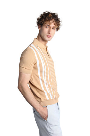 Bej Slim Fit Dar Kalıp Düğmeli Polo Yaka Desenli Kısa Kollu Triko Tişört