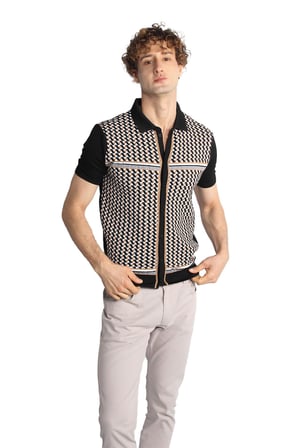 Siyah Slim Fit Dar Kalıp Düğmeli Polo Yaka Desenli Kısa Kollu Triko Tişört