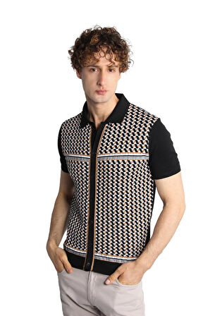 Siyah Slim Fit Dar Kalıp Düğmeli Polo Yaka Desenli Kısa Kollu Triko Tişört