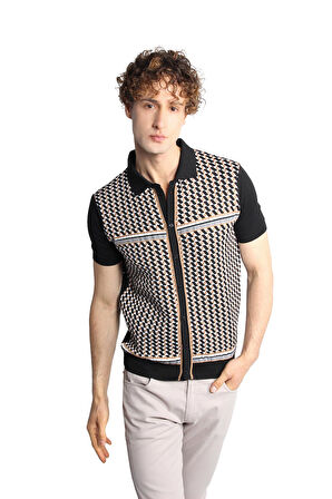 Siyah Slim Fit Dar Kalıp Düğmeli Polo Yaka Desenli Kısa Kollu Triko Tişört