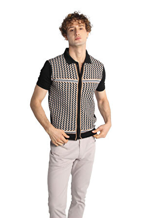 Siyah Slim Fit Dar Kalıp Düğmeli Polo Yaka Desenli Kısa Kollu Triko Tişört