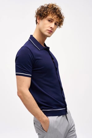 Lacivert Slim Fit Dar Kalıp Düğmeli Polo Yaka Desenli Kısa Kollu Triko Tişört
