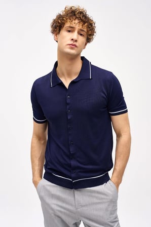 Lacivert Slim Fit Dar Kalıp Düğmeli Polo Yaka Desenli Kısa Kollu Triko Tişört