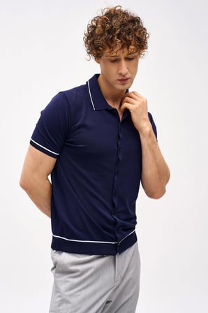 Lacivert Slim Fit Dar Kalıp Düğmeli Polo Yaka Desenli Kısa Kollu Triko Tişört