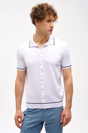 Beyaz Slim Fit Dar Kalıp Düğmeli Polo Yaka Desenli Kısa Kollu Triko Tişört