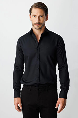 Siyah Slim Fit Dar Kalıp Klasik Yaka Düz Uzun Kollu Cepsiz %100 Pamuk Gömlek