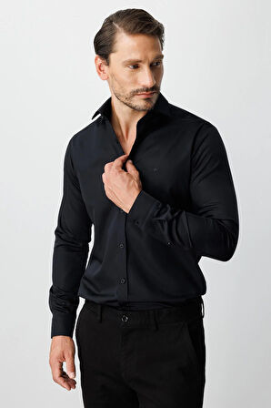 Siyah Slim Fit Dar Kalıp Klasik Yaka Düz Uzun Kollu Cepsiz %100 Pamuk Gömlek