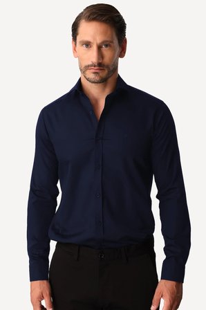 Lacivert Slim Fit Dar Kalıp Klasik Yaka Düz Uzun Kollu Cepsiz %100 Pamuk Non Iron Ütü İstemeyen Gömlek 
