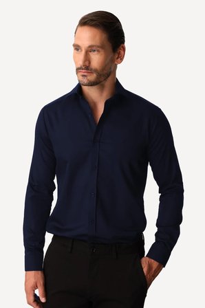 Lacivert Slim Fit Dar Kalıp Klasik Yaka Düz Uzun Kollu Cepsiz %100 Pamuk Non Iron Ütü İstemeyen Gömlek 
