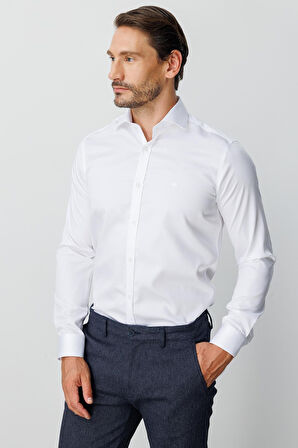 Beyaz Slim Fit Dar Kalıp Klasik Yaka Düz Uzun Kollu Cepsiz %100 Pamuk Gömlek