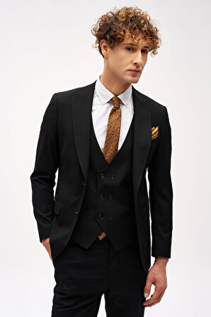 Erkek Siyah Slim Fit / Dar Kalıp Sivri Yaka Yelekli Takım Elbise