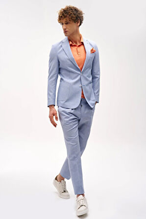Erkek Mavi Slim Fit / Dar Kalıp Mono Yaka Takım Elbise