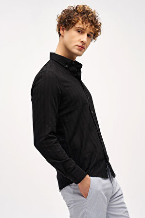 Siyah Dynamic Fit  Düğmeli Yaka Çizgili Uzun Kollu Cepsiz %100 Pamuk Gömlek