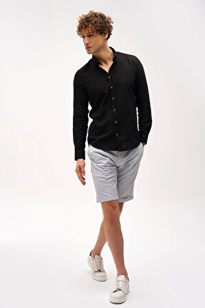 Siyah Dynamic Fit  Düğmeli Yaka Çizgili Uzun Kollu Cepsiz %100 Pamuk Gömlek