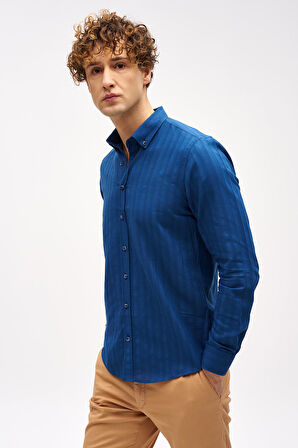 Lacivert Dynamic Fit  Düğmeli Yaka Çizgili Uzun Kollu Cepsiz %100 Pamuk Gömlek