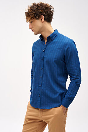 Lacivert Dynamic Fit  Düğmeli Yaka Çizgili Uzun Kollu Cepsiz %100 Pamuk Gömlek